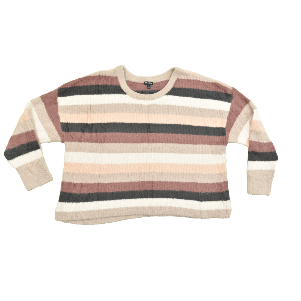 Torid Womens Size 3 Fuzzy Knit Striped Sweater Multicolor Crew Neck Long Sleeve